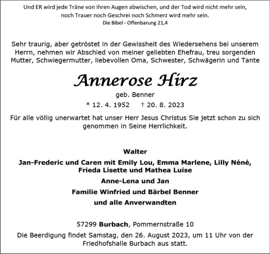 Traueranzeige von Annerose Hirz von Dill Block
