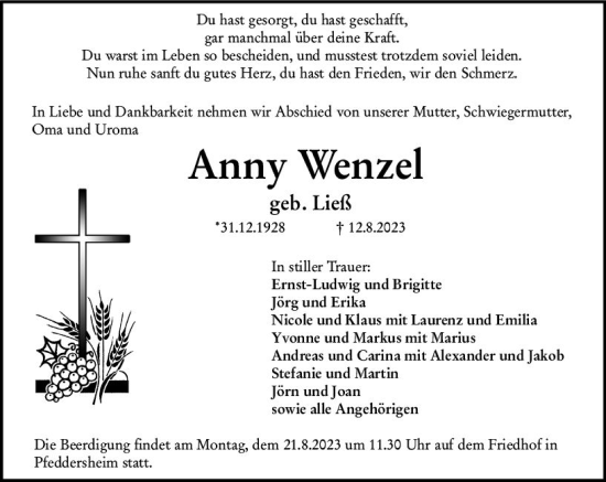 Traueranzeige von Anny Wenzel von Wormser Zeitung