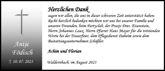 Traueranzeige von Antje Födisch von Weilburger Tageblatt Traueranzeige von Antje Födisch von Weilburger Tageblatt