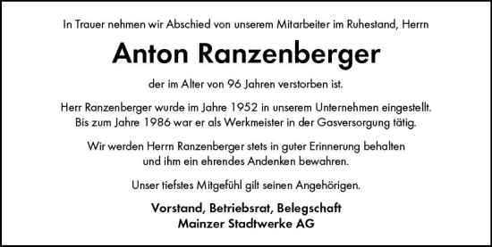 Traueranzeige von Anton Ranzenberger von Allgemeine Zeitung Mainz