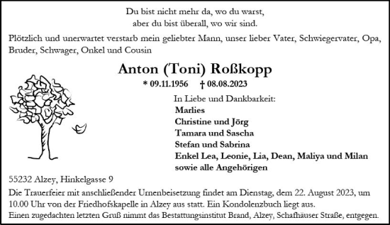 Traueranzeige von Anton  Roßkopp von Allgemeine Zeitung Alzey