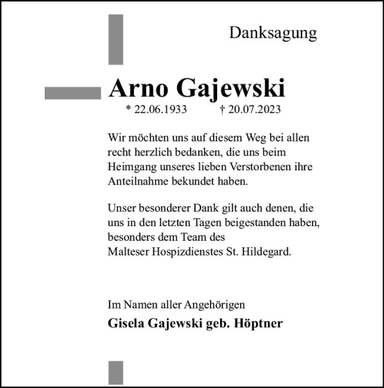 Traueranzeige von Arno Gajewski von Allgemeine Zeitung Bingen/Ingelheim