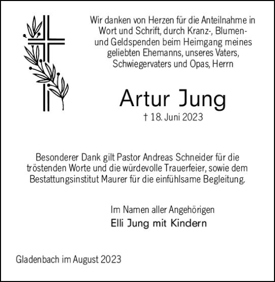 Traueranzeige von Artur Jung von Hinterländer Anzeiger