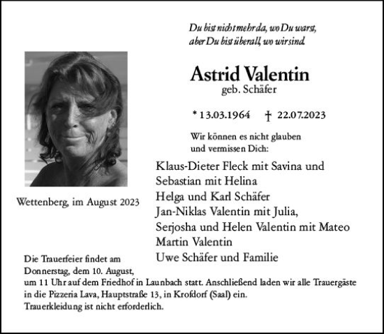 Traueranzeige von Astrid Valentin von Wetzlarer Neue Zeitung