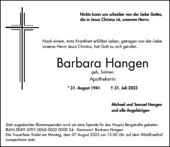Traueranzeige von Barbara Hangen von Starkenburger Echo
