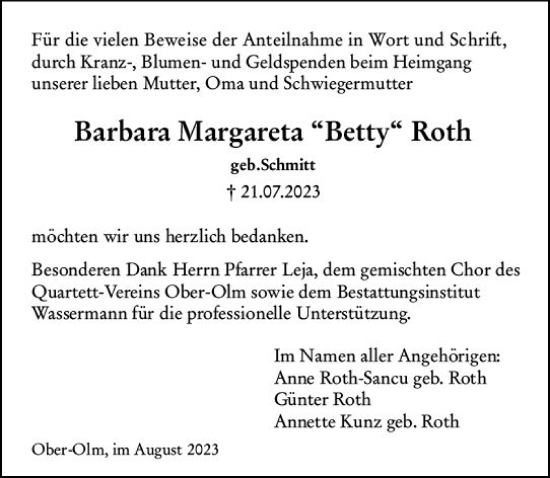 Traueranzeige von Barbara Margareta Roth von Allgemeine Zeitung Mainz