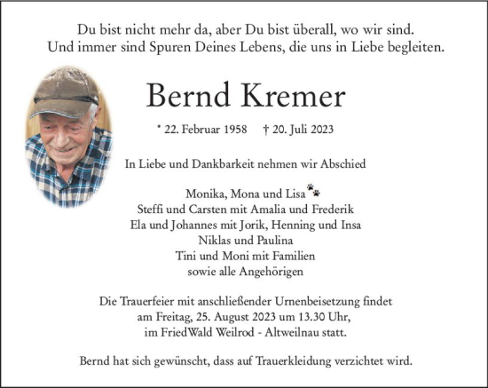 Traueranzeige von Bernd Kremer von Camberger Anzeiger