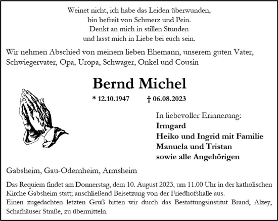 Traueranzeige von Bernd Michel von Allgemeine Zeitung Alzey