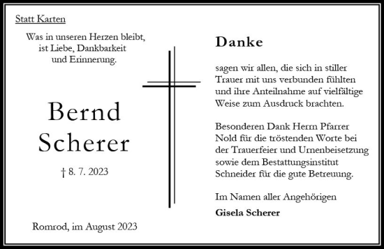 Traueranzeige von Bernd Scherer von Oberhessen Kurier