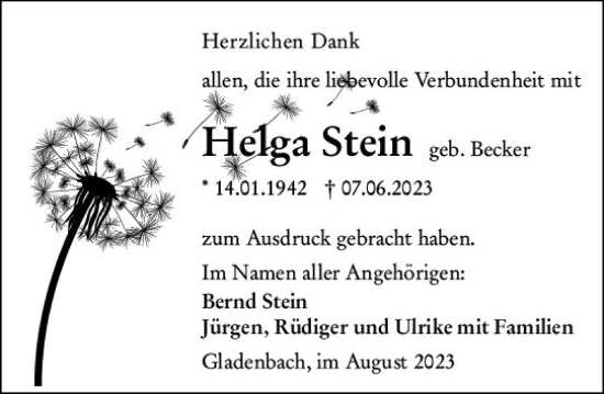 Traueranzeige von Helga Stein von Hinterländer Anzeiger