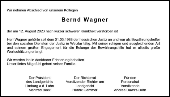 Traueranzeige von Bernd Wagner von Nassauische Neue Presse