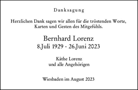 Traueranzeige von Bernhard Lorenz von Wiesbadener Kurier