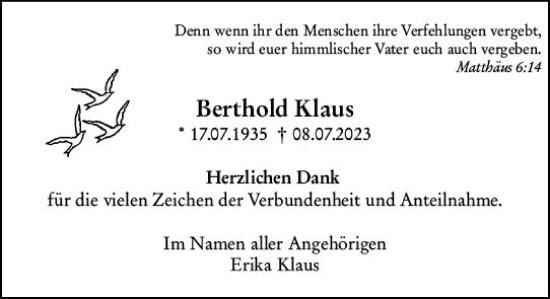 Traueranzeige von Berthold Klaus von Wetzlarer Neue Zeitung