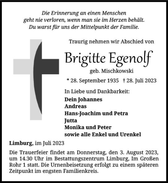 Traueranzeige von Brigitte Egenolf von Nassauische Neue Presse