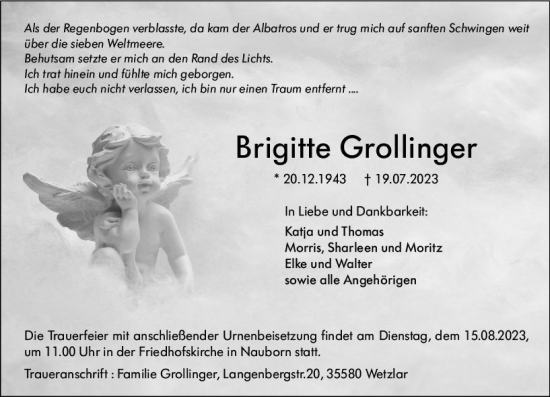 Traueranzeige von Brigitte Grollinger von Wetzlarer Neue Zeitung Traueranzeige von Brigitte Grollinger von Wetzlarer Neue Zeitung