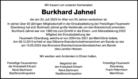 Traueranzeige von Burkhard Jahnel von Odenwälder Echo