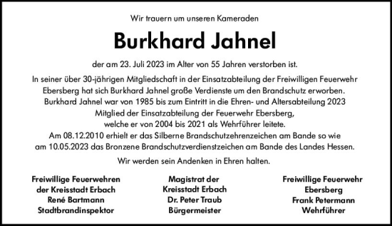 Traueranzeige von Burkhard Jahnel von Odenwälder Echo