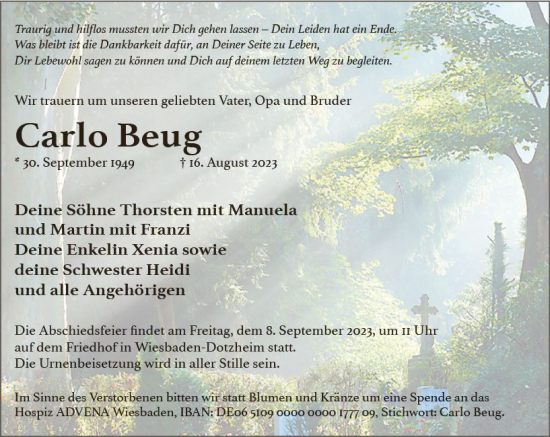Traueranzeige von Carlo Beug von Wiesbadener Kurier