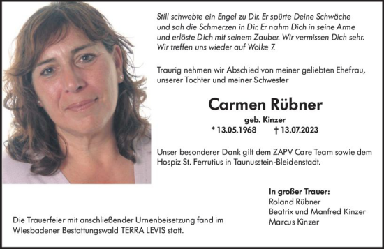 Traueranzeige von Carmen Rübner von Wiesbadener Kurier