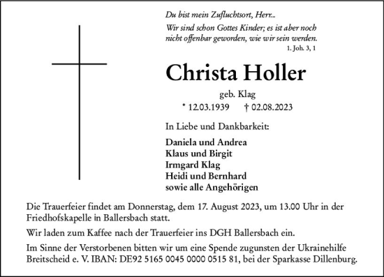 Traueranzeige von Christa Hohler von Dill Block