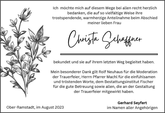 Traueranzeige von Christa Schaffner von Darmstädter Echo