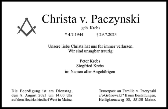Traueranzeige von Christa von Paczynski von Allgemeine Zeitung Mainz