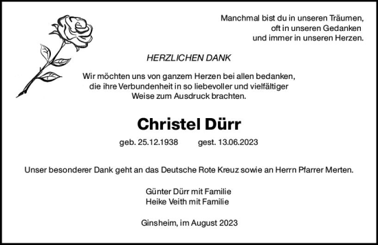 Traueranzeige von Christel Dürr von Rüsselsheimer Echo