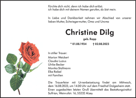 Traueranzeige von Christine Dilg von Allgemeine Zeitung Alzey