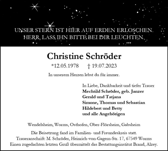 Traueranzeige von Christine Schröder von Allgemeine Zeitung Alzey