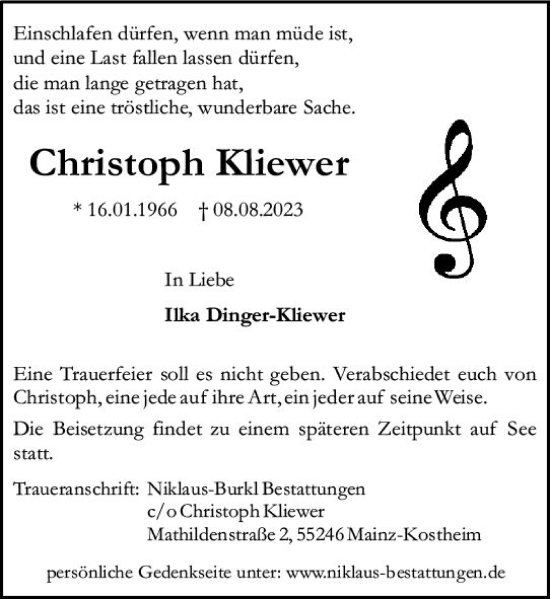 Traueranzeige von Christoph Kliewer von Allgemeine Zeitung Mainz