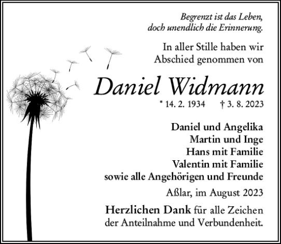 Traueranzeige von Daniel Widmann von Wetzlarer Neue Zeitung