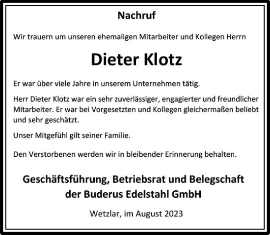 Traueranzeige von Dieter Klotz von Wetzlarer Neue Zeitung