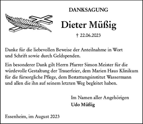 Traueranzeige von Dieter Müßig von Allgemeine Zeitung Mainz