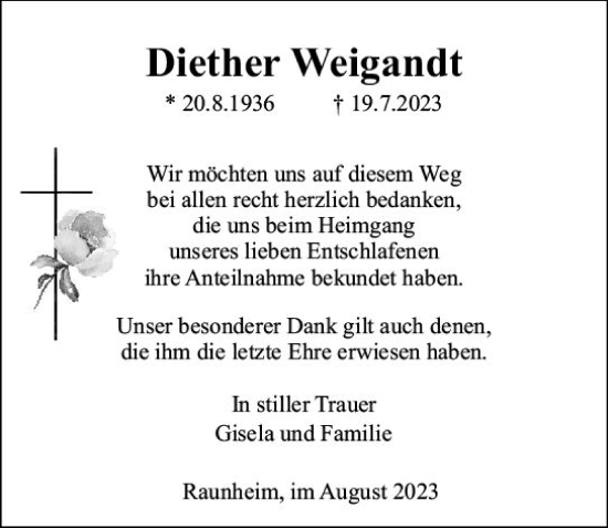 Traueranzeige von Diether Weigandt von Rüsselsheimer Echo