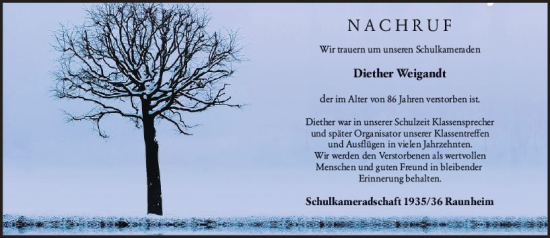Traueranzeige von Diether Weigandt von Rüsselsheimer Echo