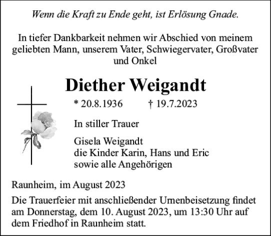 Traueranzeige von Diether Weigandt von Rüsselsheimer Echo