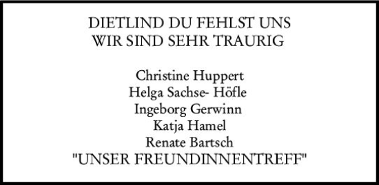 Traueranzeige von Dietlind  von Allgemeine Zeitung Mainz