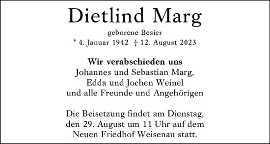 Traueranzeige von Dietlind Marg von Allgemeine Zeitung Mainz