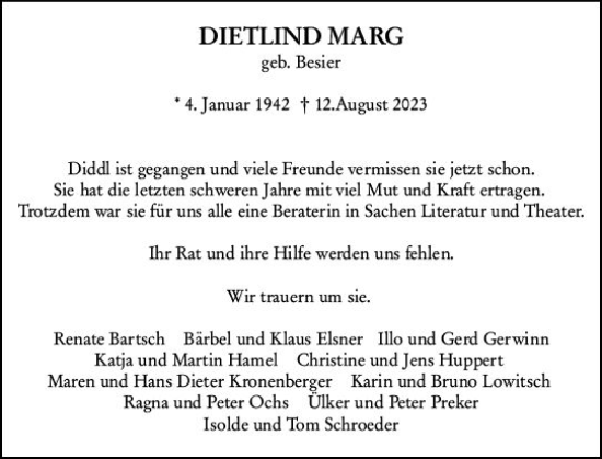 Traueranzeige von Dietlind Marg von Allgemeine Zeitung Mainz