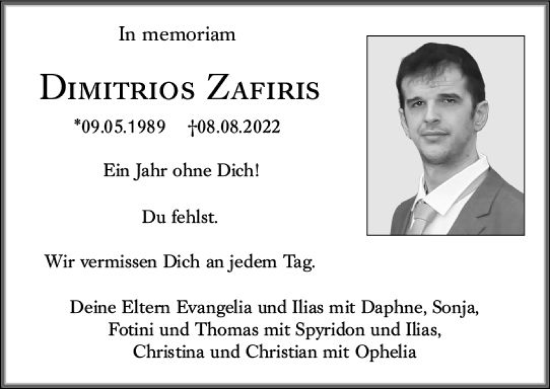 Traueranzeige von Dimitrios Zafiris von Wiesbadener Kurier