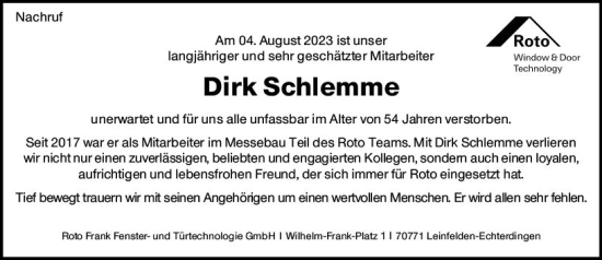 Traueranzeige von Dirk Schlemme von Allgemeine Zeitung Mainz