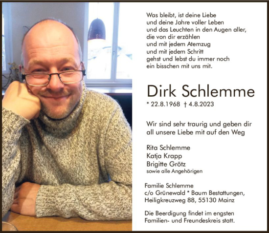 Traueranzeige von Dirk Schlemme von Allgemeine Zeitung Mainz