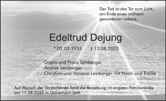 Traueranzeige von Edeltrud Dejung von Allgemeine Zeitung Bingen/Ingelheim