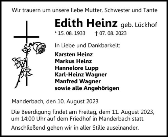 Traueranzeige von Edith Heinz von Dill Block