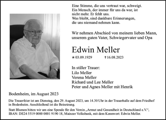 Traueranzeige von Edwin Meller von Allgemeine Zeitung Mainz