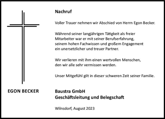 Traueranzeige von Egon Becker von Dill Block