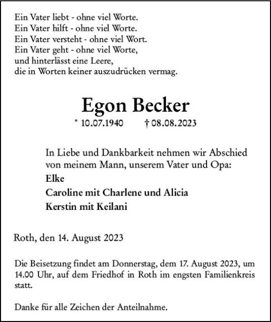 Traueranzeige von Egon Becker von Dill Block