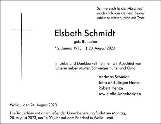 Traueranzeige von Elsbeth Schmidt von Hinterländer Anzeiger