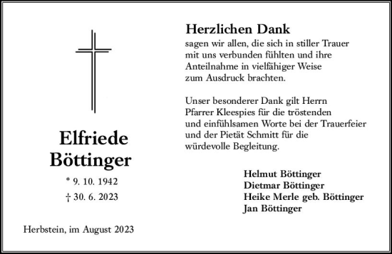 Traueranzeige von Elfriede Böttinger von Oberhessen Kurier