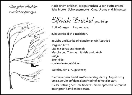 Traueranzeige von Elfriede Brückel von Wetzlarer Neue Zeitung